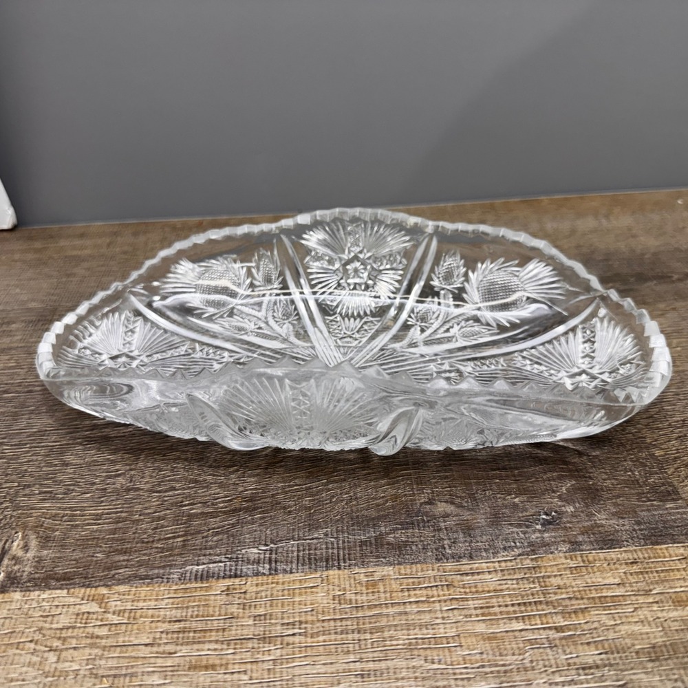 Vintage Paneled Thistle Pressed Glass Oval Celery Relish Dish Bowl 8" Unmarked